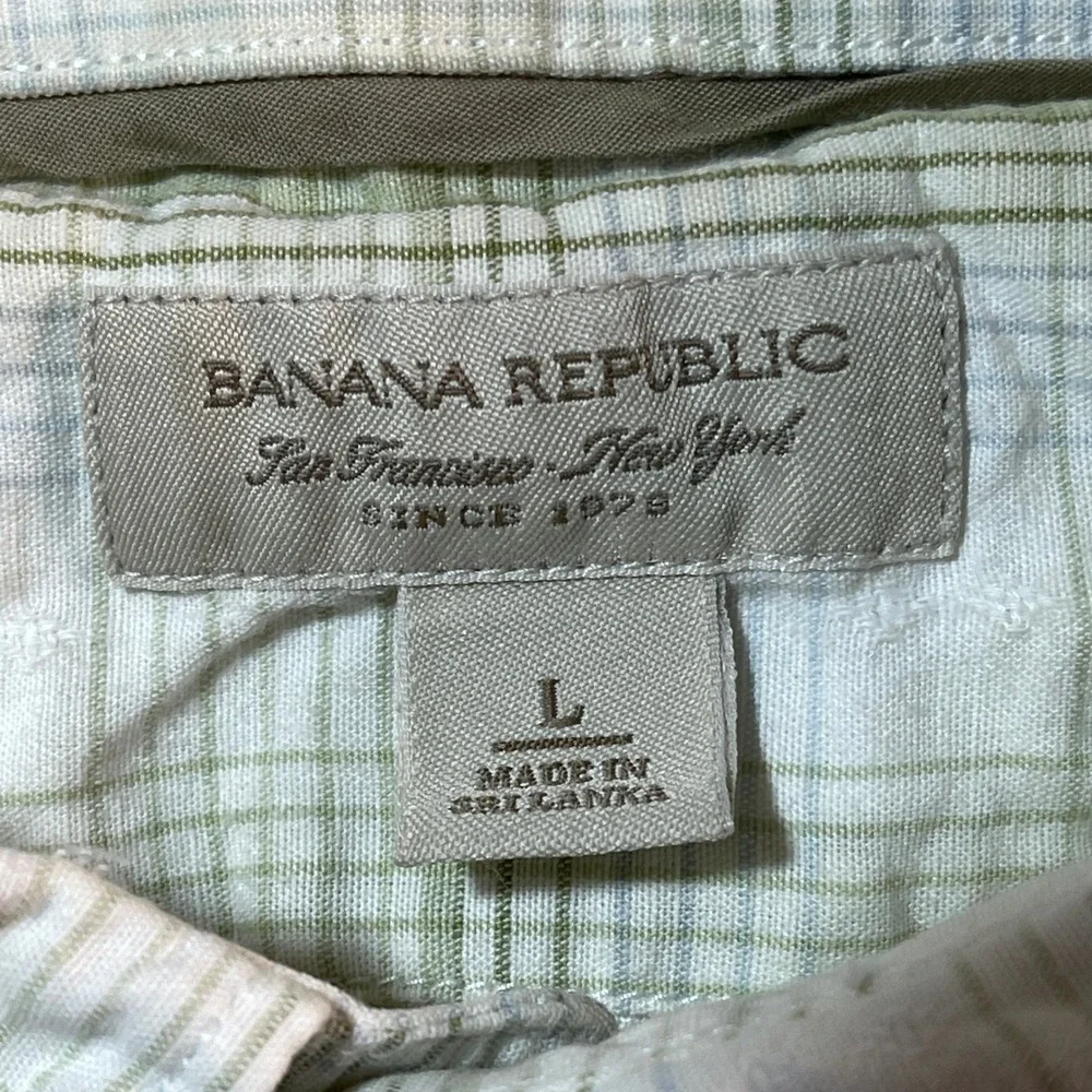 Banana Republic Shirt Men's Large Cream Linen Cotton‎ Plaid Outdoorsy Button Up
